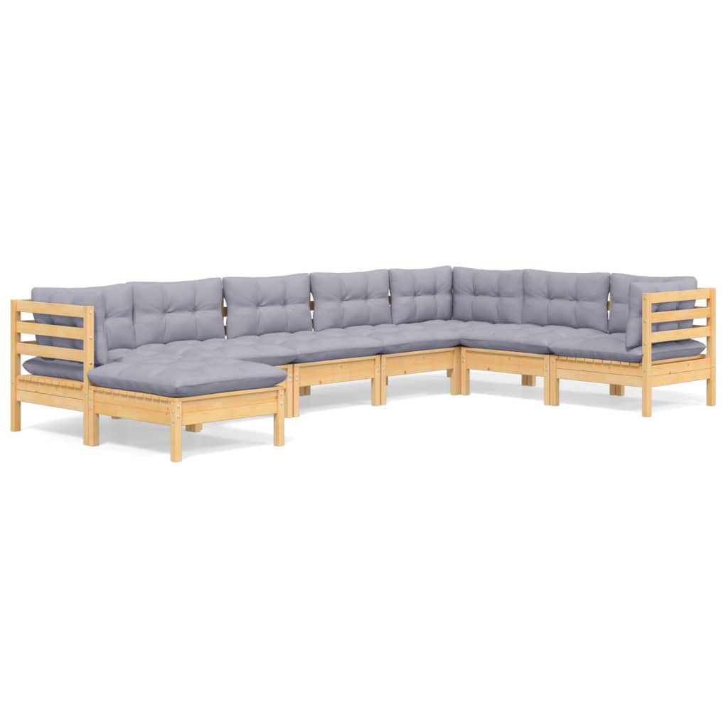 Salon de jardin 8 pcs avec coussins gris Bois de pin massif