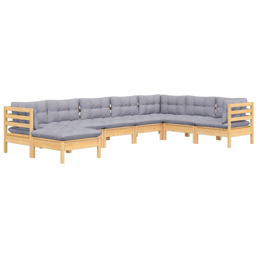 Salon de jardin 8 pcs avec coussins gris Bois de pin massif