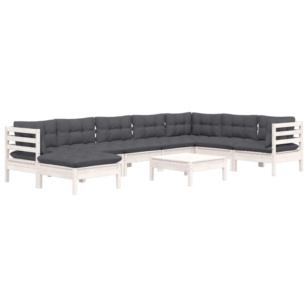 Salon de jardin 9 pcs avec coussins blanc bois de pin massif