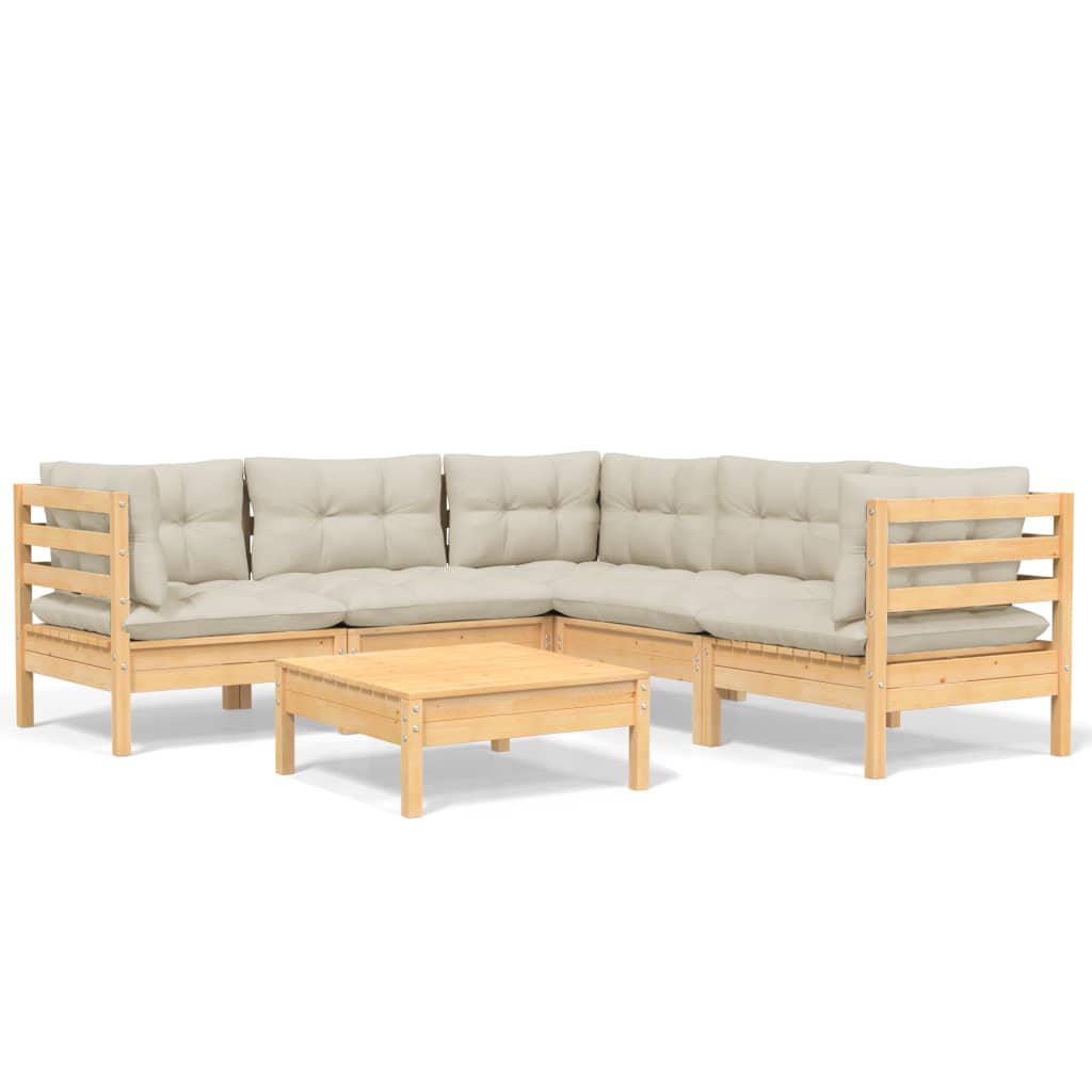 Salon de jardin 6 pcs avec coussins crème Bois de pin massif