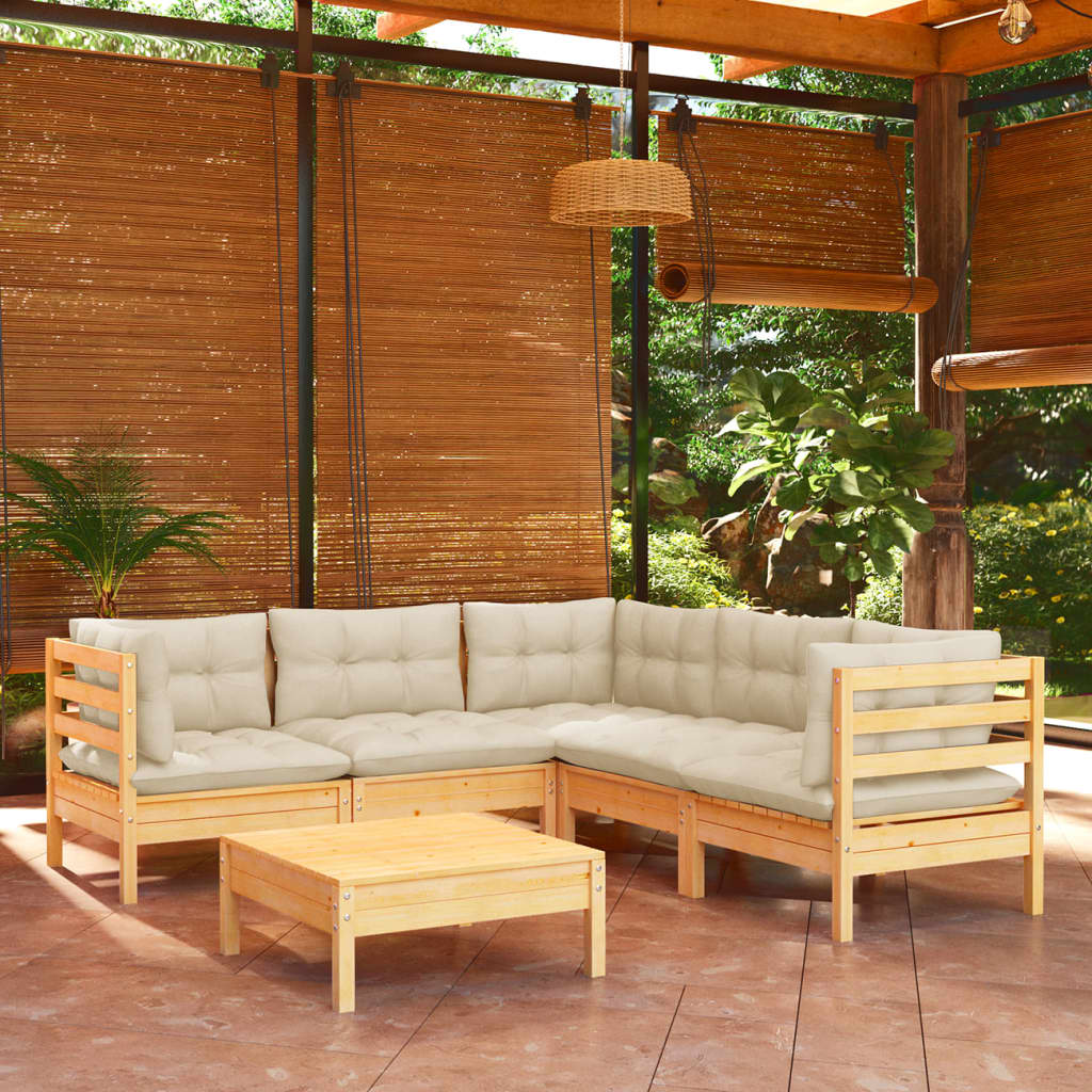 Salon de jardin 6 pcs avec coussins crème Bois de pin massif