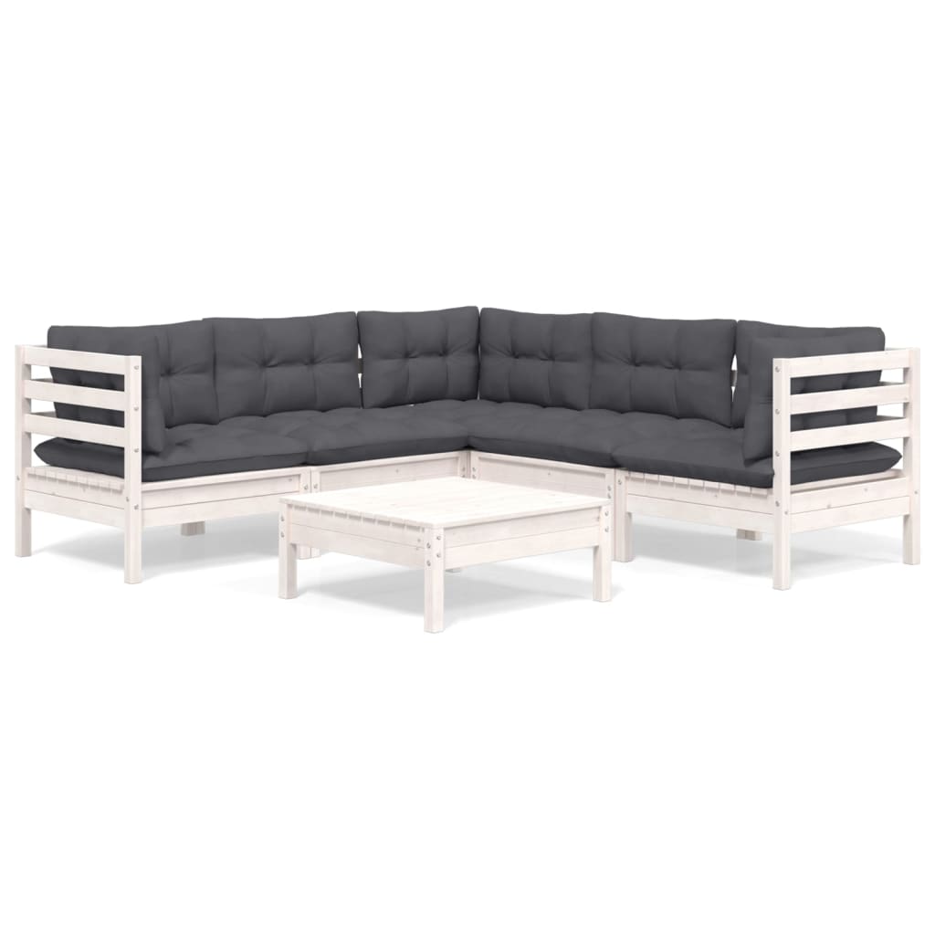 Salon de jardin 6 pcs avec coussins blanc bois de pin massif