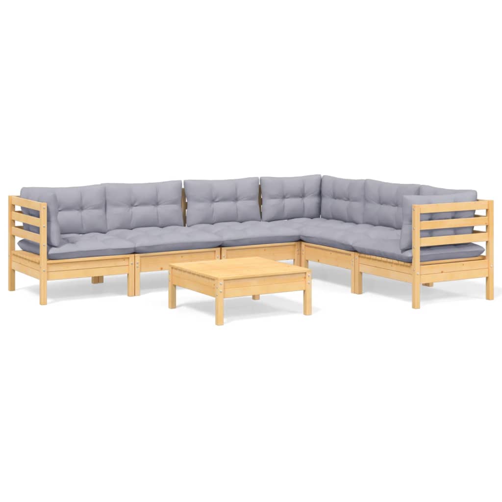 Salon de jardin 7 pcs avec coussins gris bois de pin massif