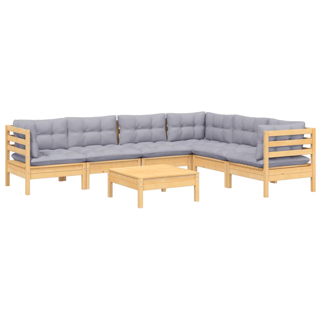 Salon de jardin 7 pcs avec coussins gris bois de pin massif