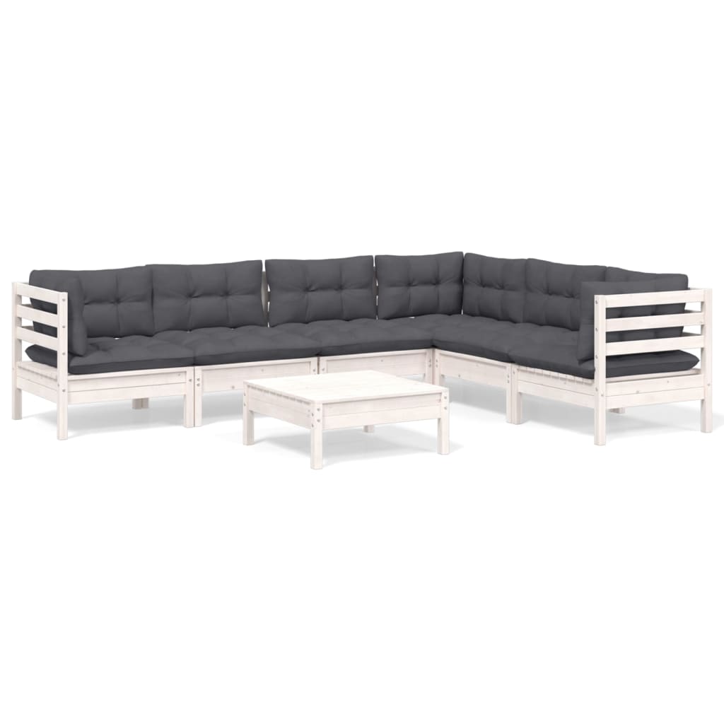 Salon de jardin 7 pcs avec coussins blanc bois de pin massif