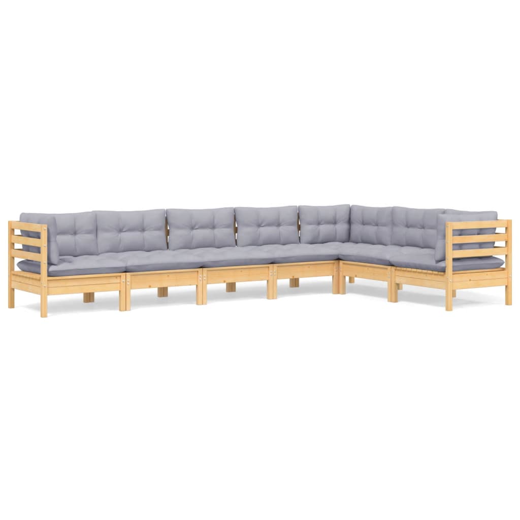 Salon de jardin 7 pcs avec coussins gris bois de pin massif