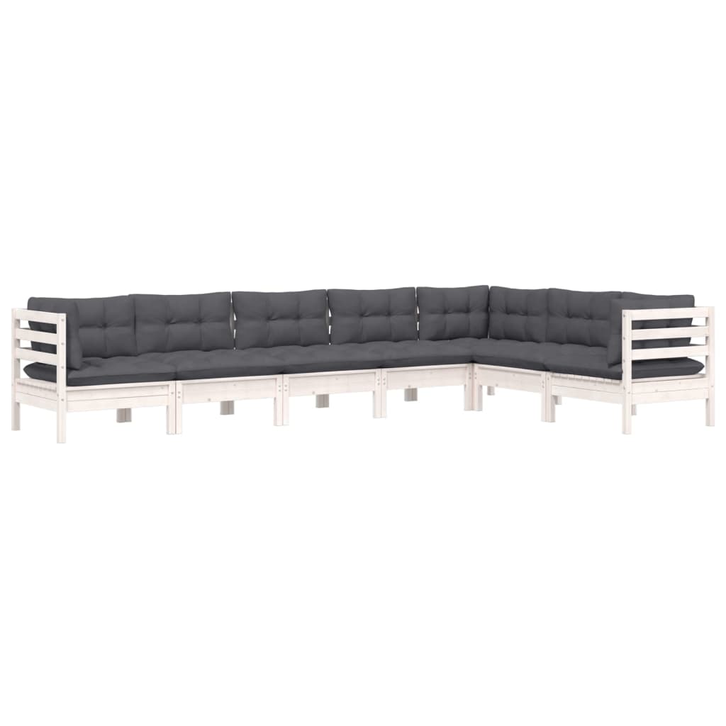 Salon de jardin 7 pcs avec coussins blanc bois de pin massif