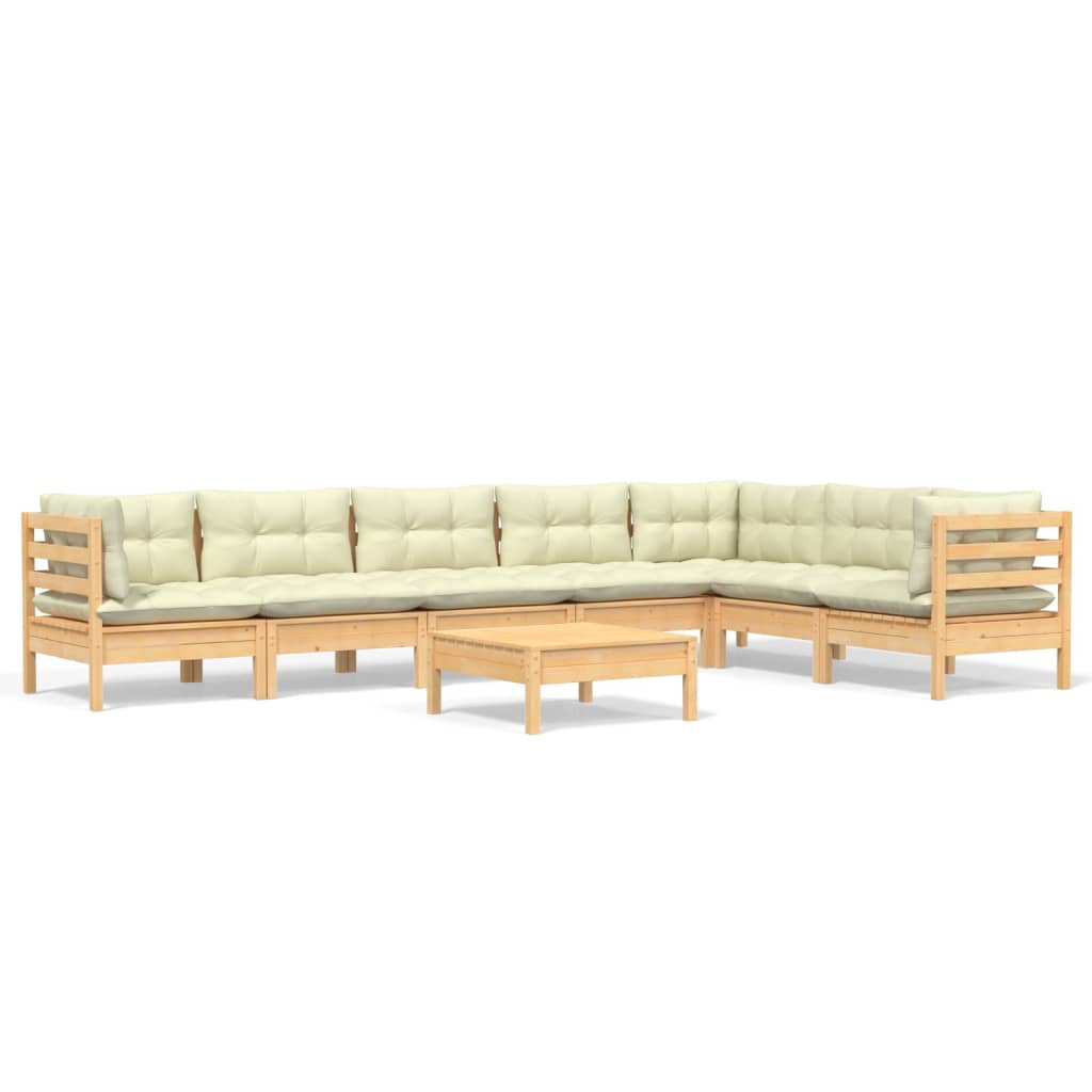 Salon de jardin 8 pcs avec coussins crème Bois de pin massif