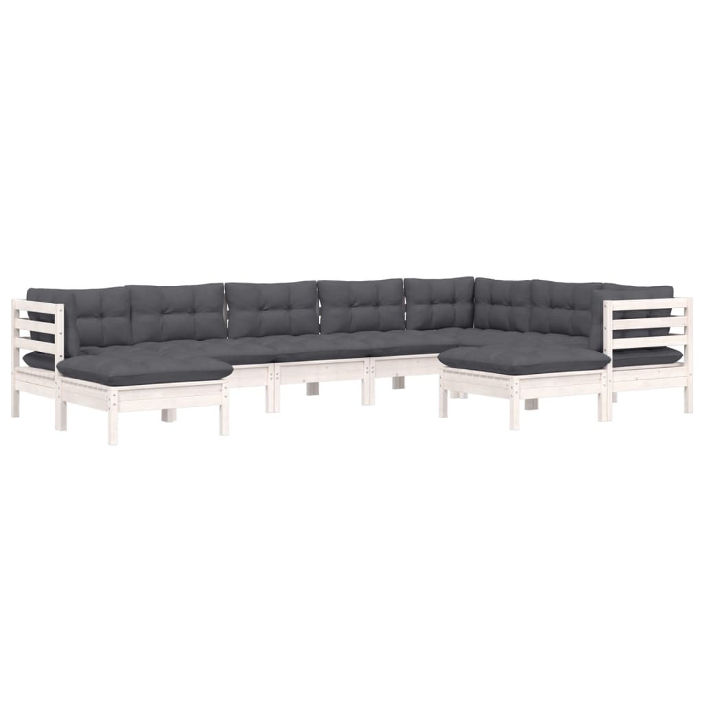 Salon de jardin 9 pcs avec coussins blanc bois de pin massif