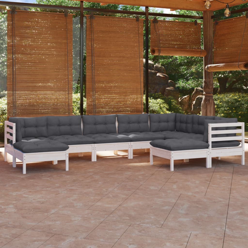 Salon de jardin 9 pcs avec coussins blanc bois de pin massif