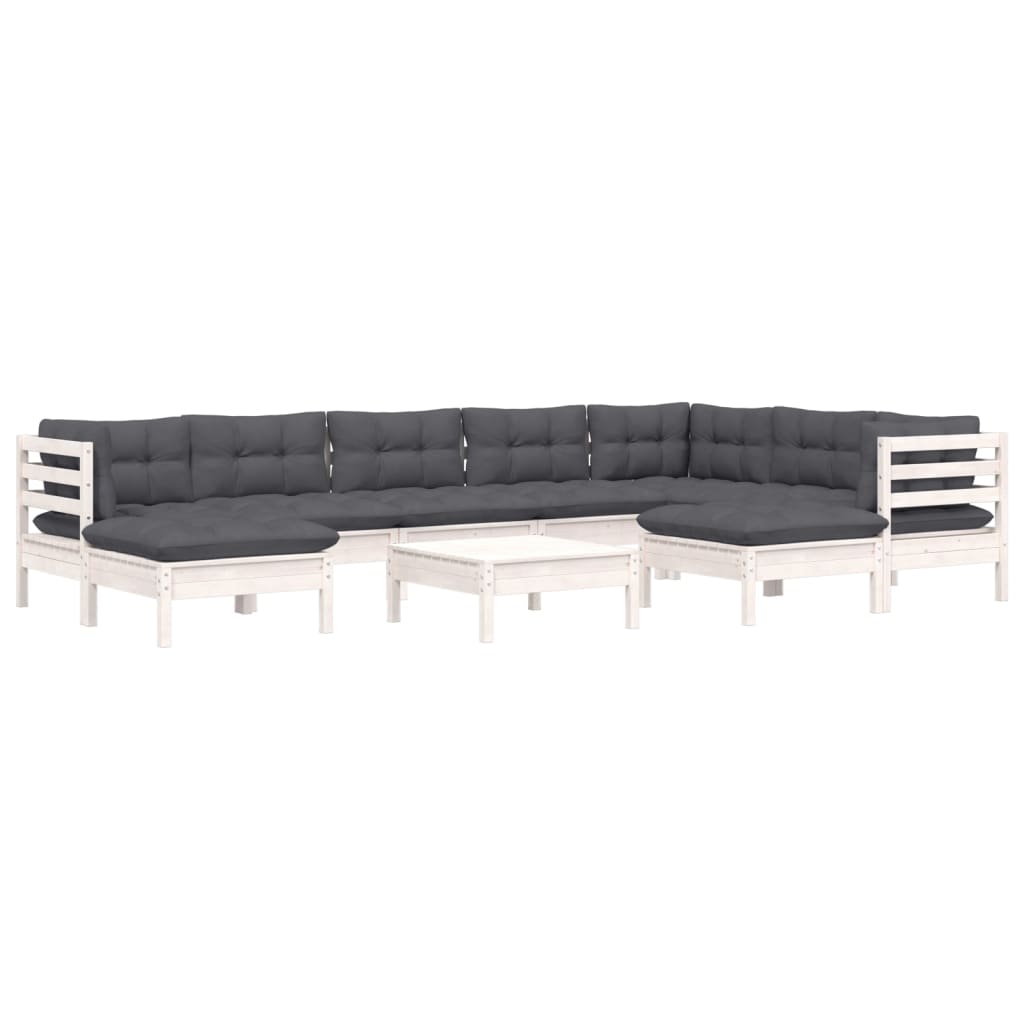 Salon de jardin 10 pcs avec coussins blanc bois de pin massif