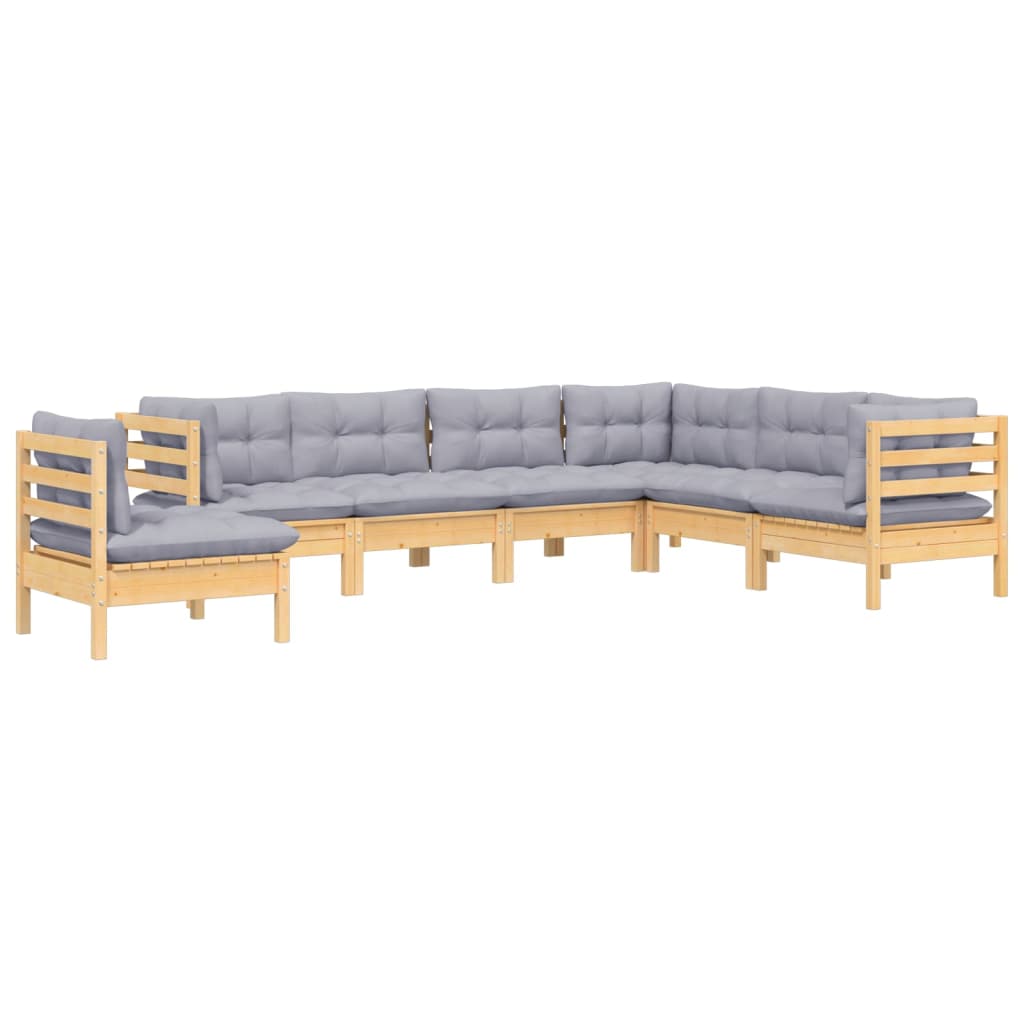 Salon de jardin 7 pcs avec coussins gris bois de pin massif