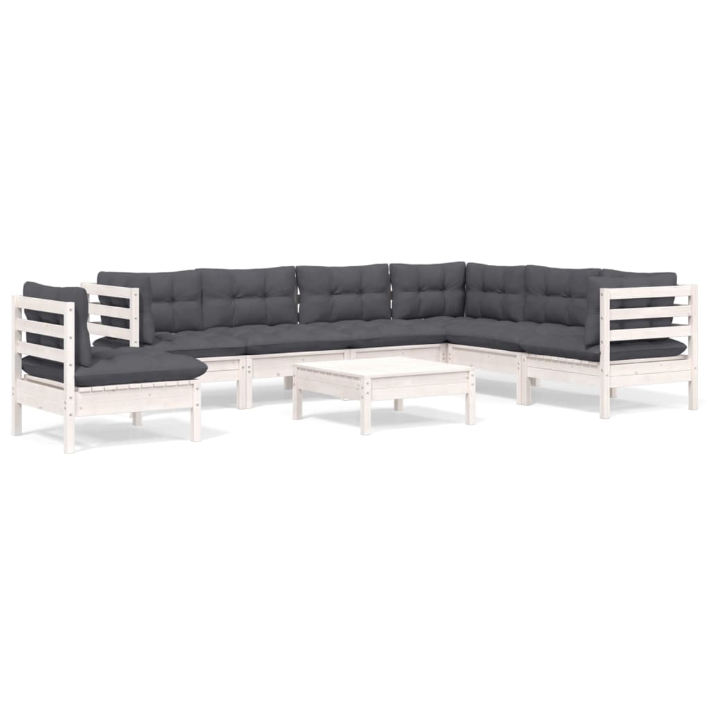 Salon de jardin 8 pcs avec coussins blanc bois de pin massif