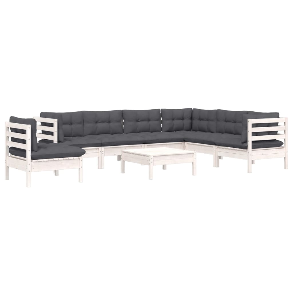 Salon de jardin 8 pcs avec coussins blanc bois de pin massif