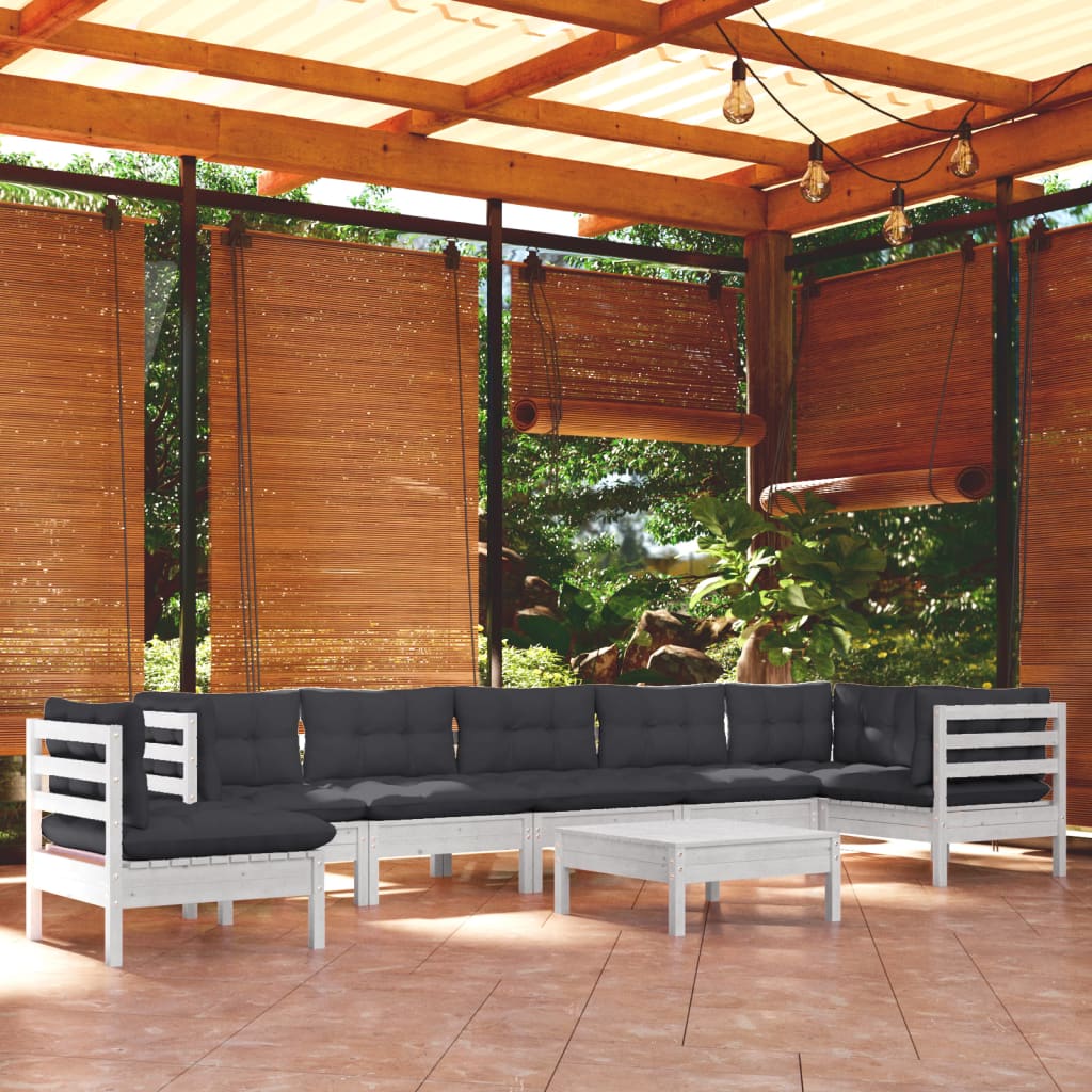 Salon de jardin 9 pcs avec coussins blanc bois de pin massif