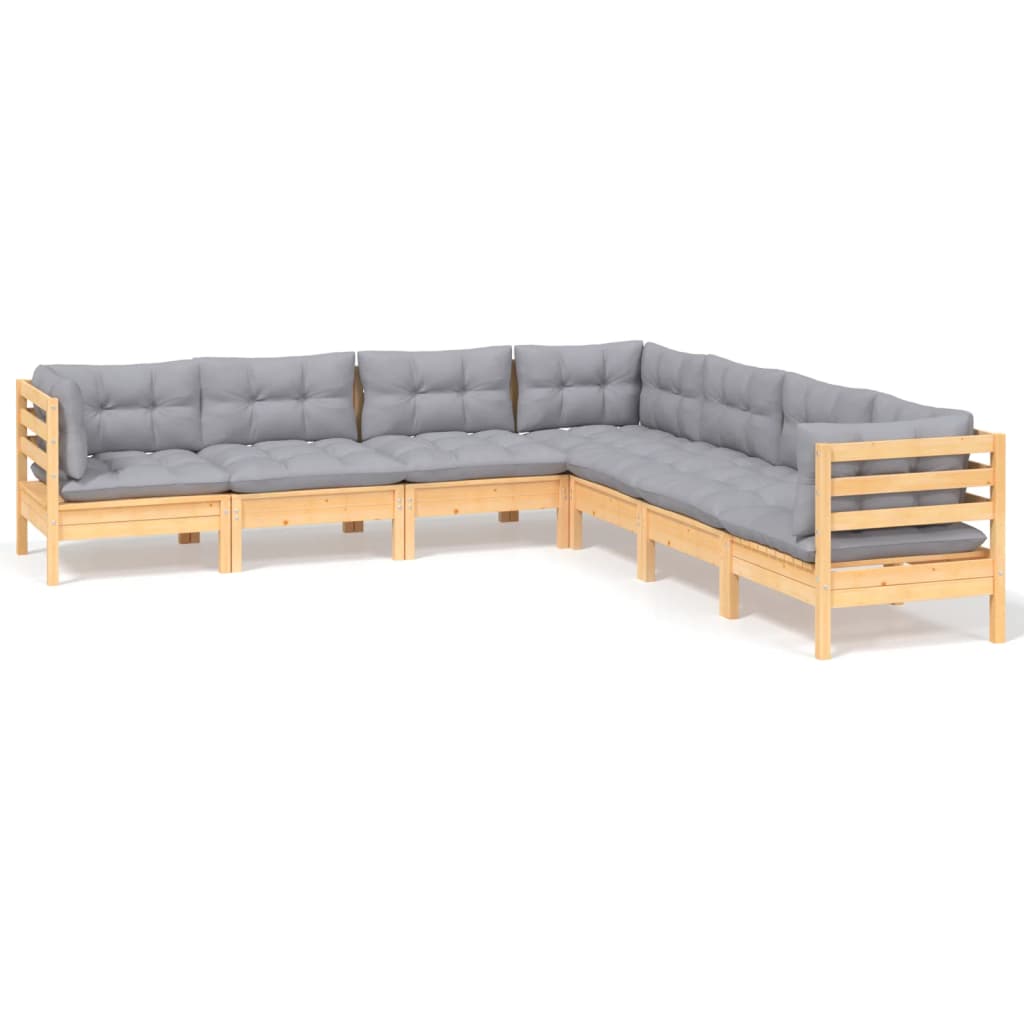 Salon de jardin 7 pcs avec coussins gris bois de pin massif