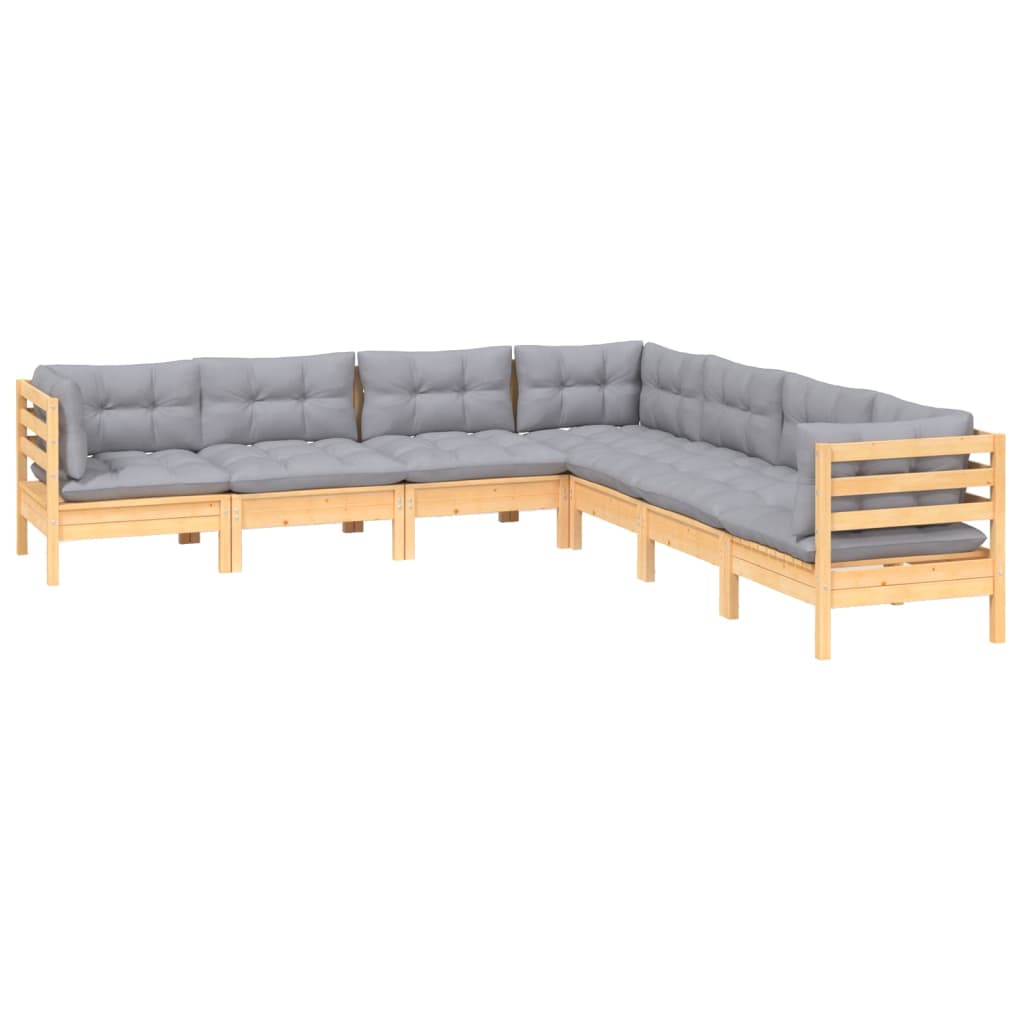 Salon de jardin 7 pcs avec coussins gris bois de pin massif