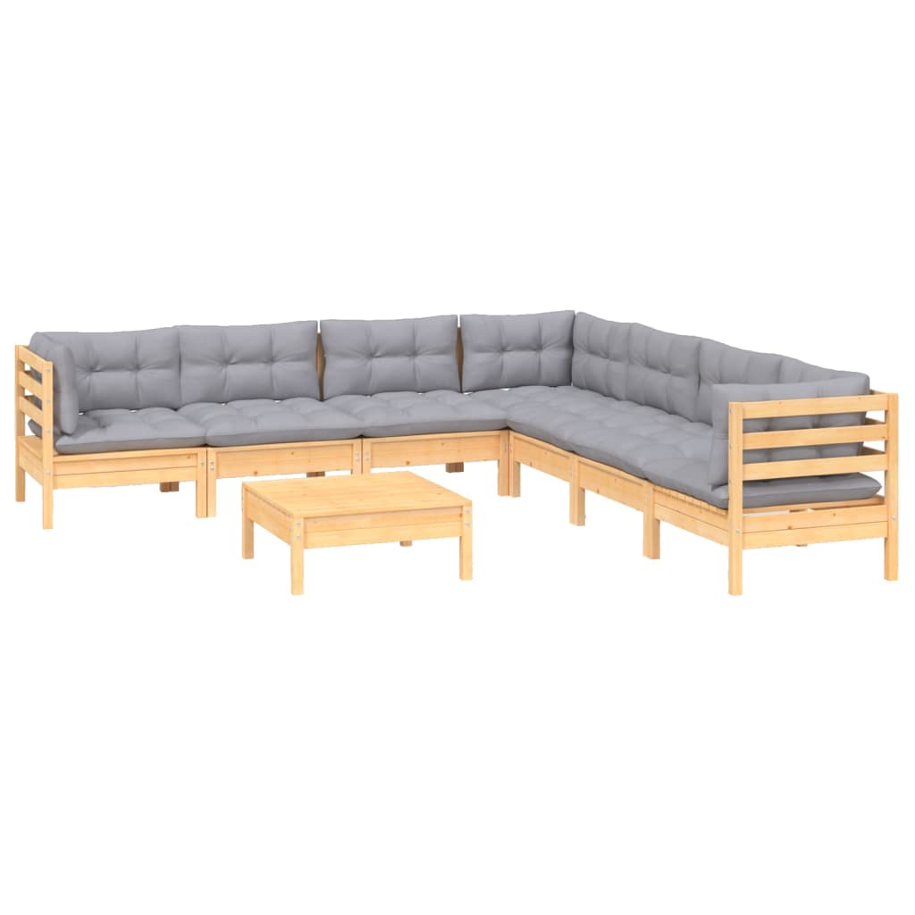 Salon de jardin 8 pcs avec coussins gris Bois de pin massif