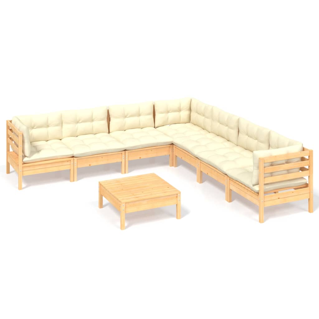 Salon de jardin 8 pcs avec coussins crème Bois de pin massif