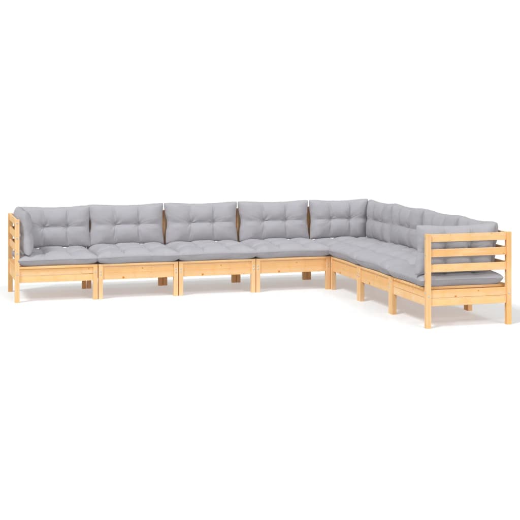 Salon de jardin 8 pcs avec coussins gris Bois de pin massif