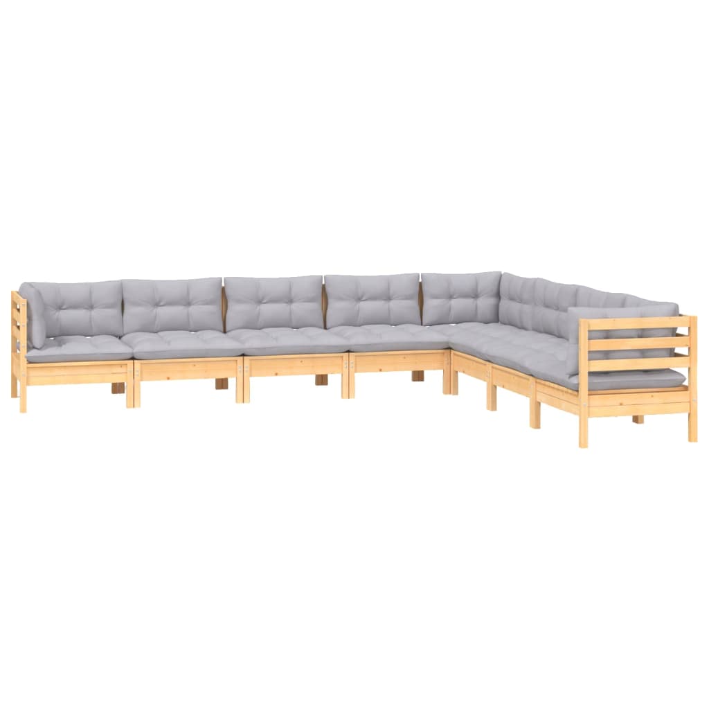 Salon de jardin 8 pcs avec coussins gris Bois de pin massif