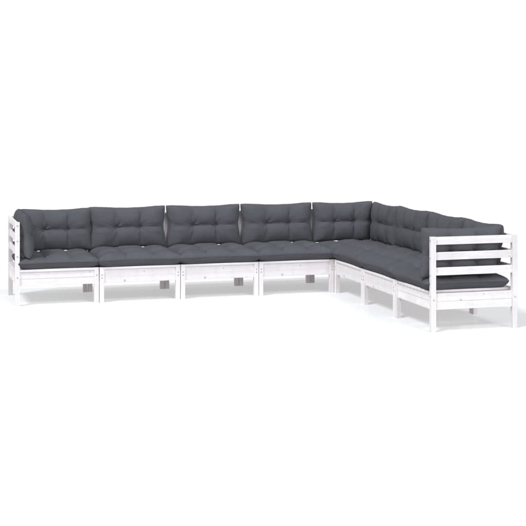 Salon de jardin 8 pcs avec coussins blanc bois de pin massif