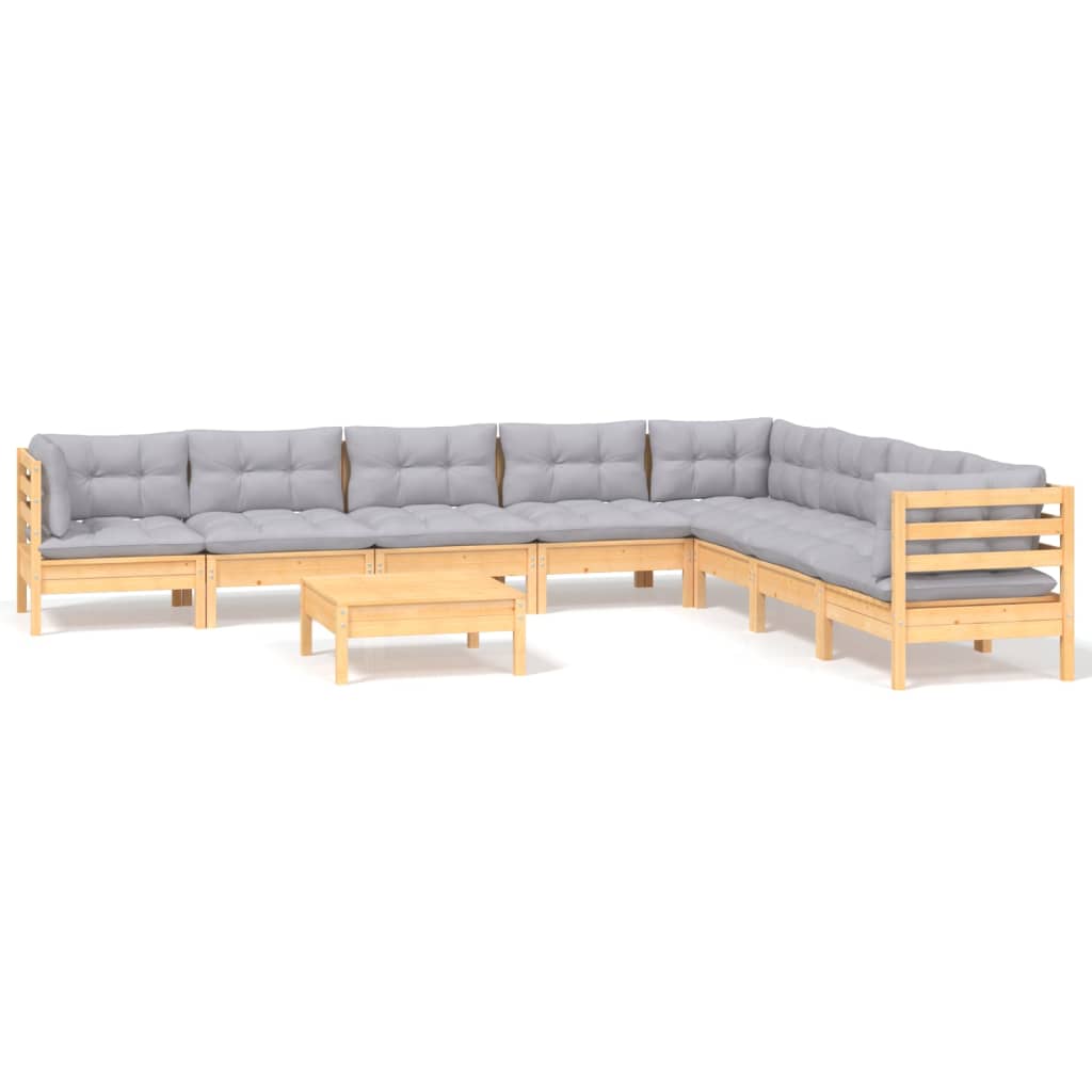 Salon de jardin 9 pcs avec coussins gris bois de pin massif