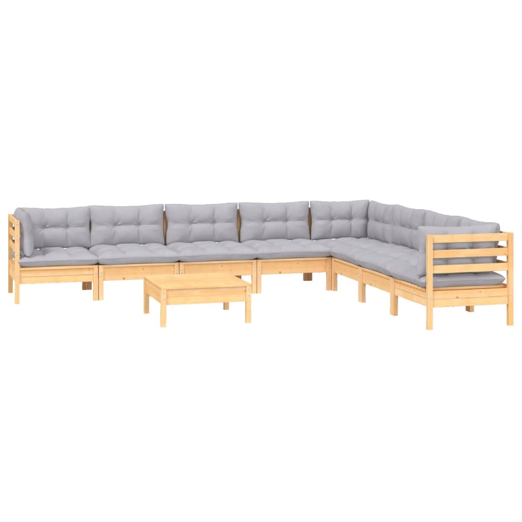 Salon de jardin 9 pcs avec coussins gris bois de pin massif