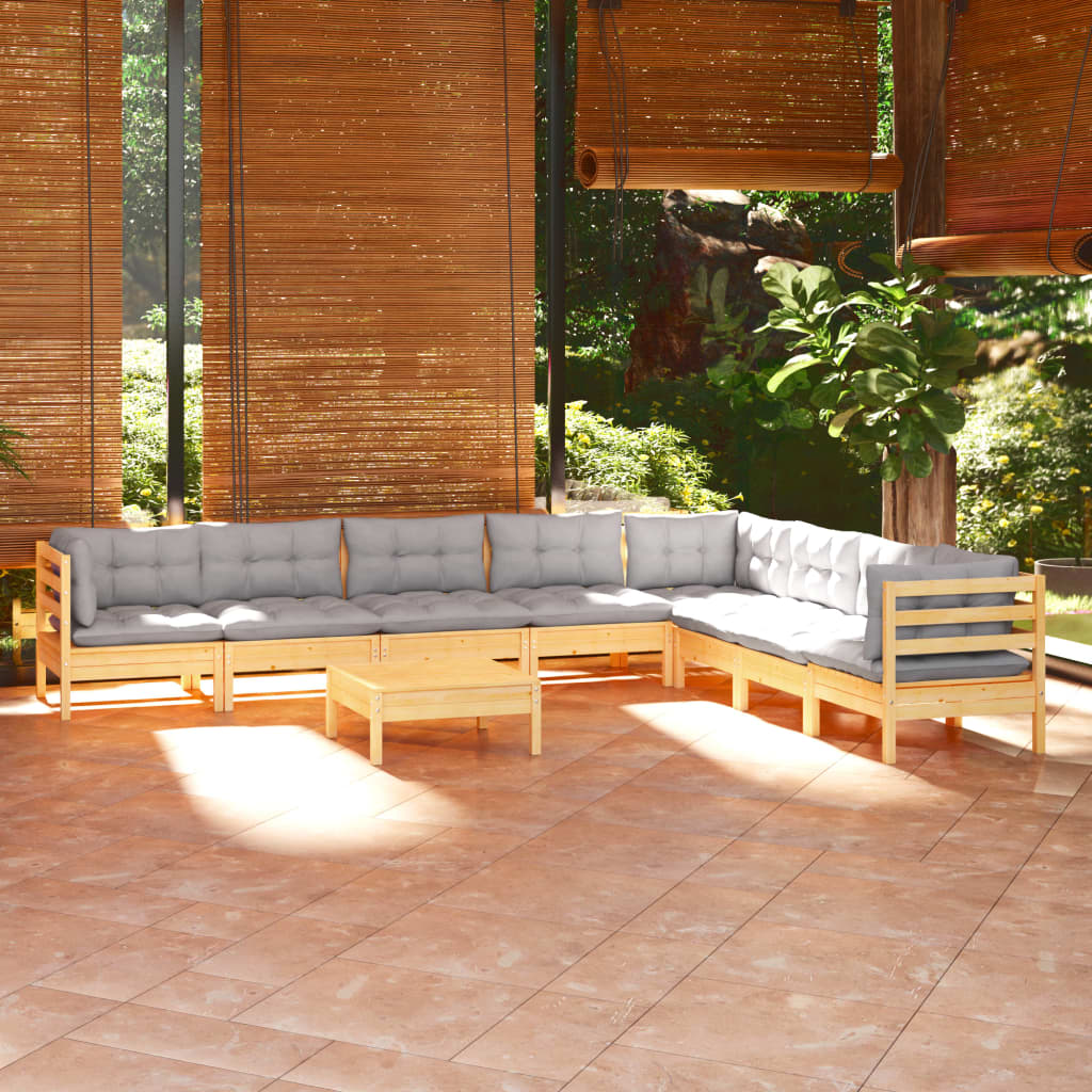 Salon de jardin 9 pcs avec coussins gris bois de pin massif