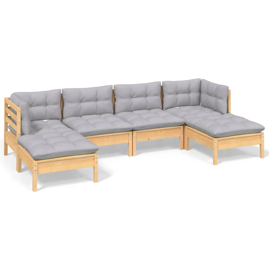 Salon de jardin 6 pcs avec coussins gris bois de pin