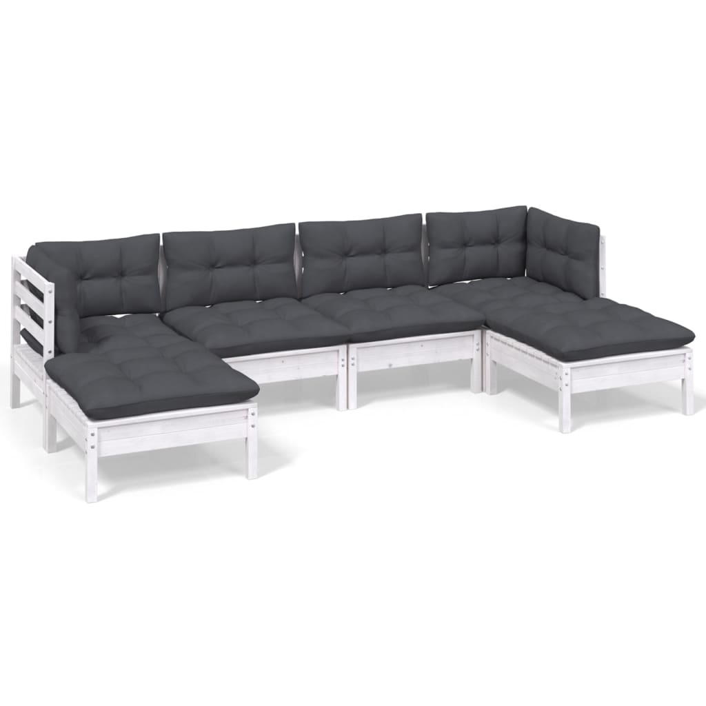 Salon de jardin 6 pcs avec coussins blanc bois de pin