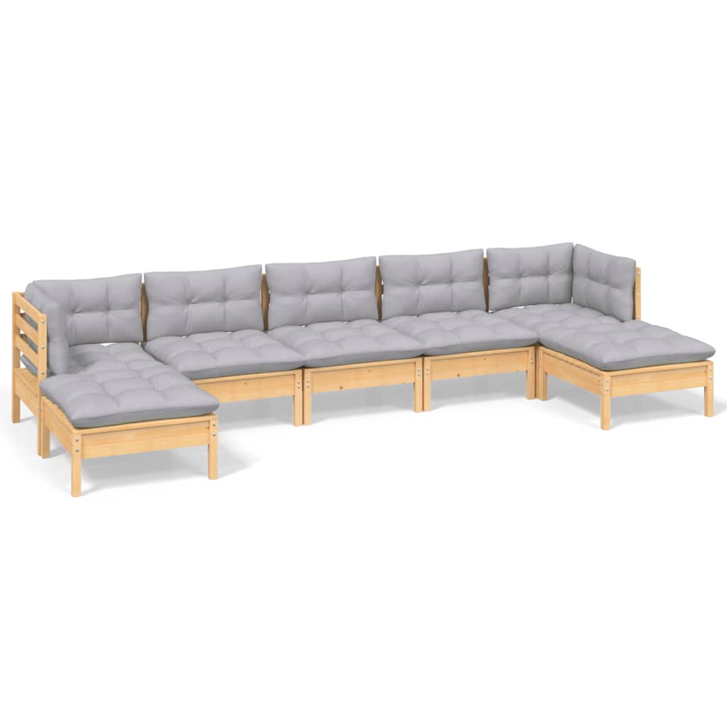 Salon de jardin 7 pcs avec coussins gris bois de pin