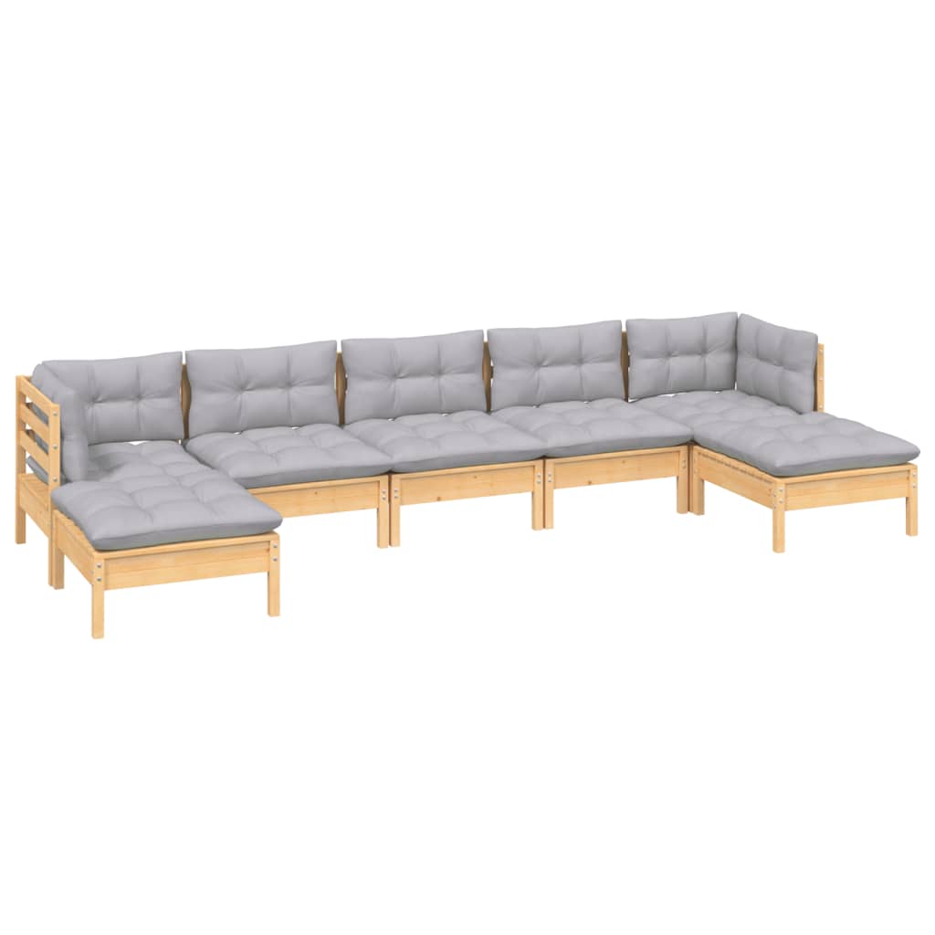 Salon de jardin 7 pcs avec coussins gris bois de pin