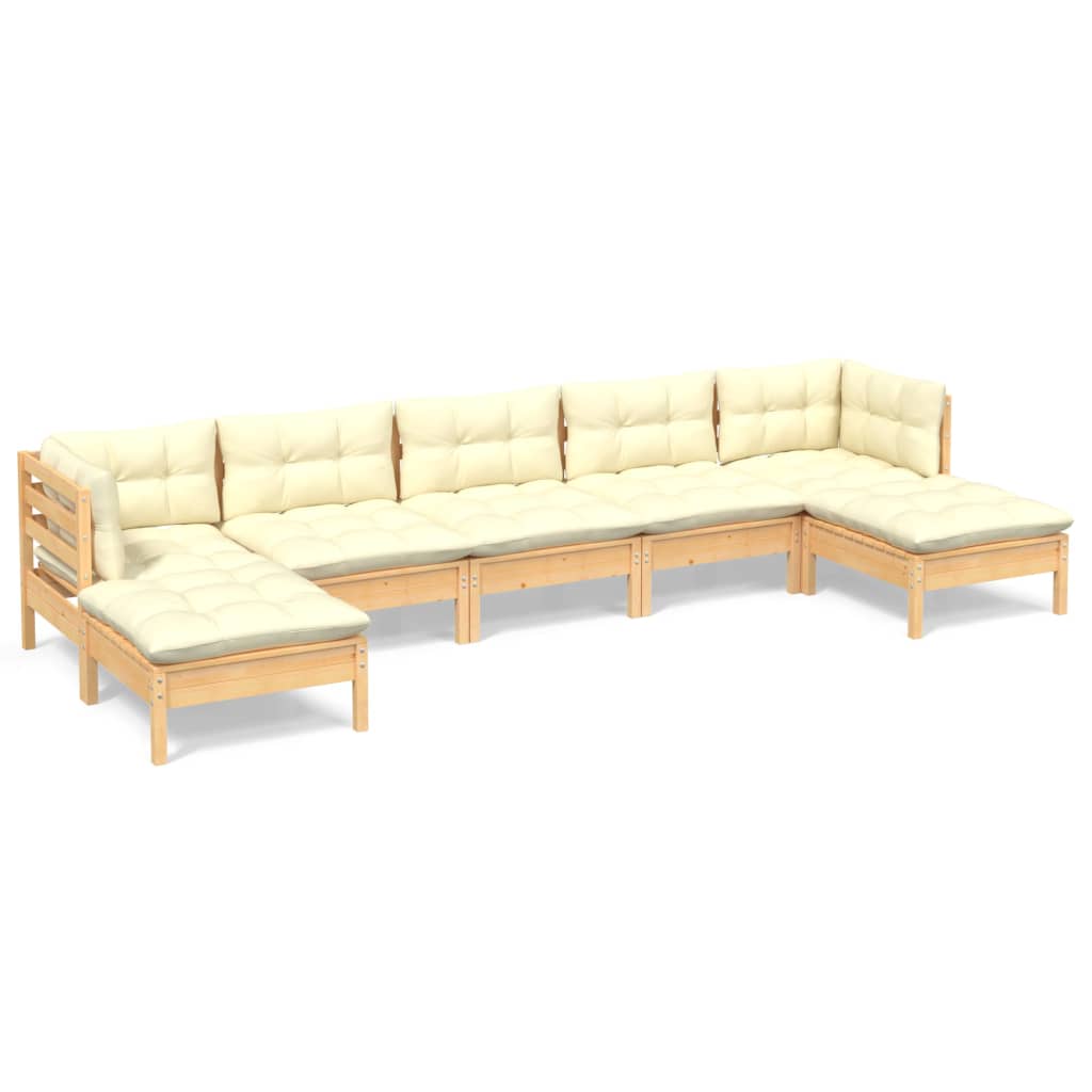 Salon de jardin 7 pcs avec coussins crème bois de pin