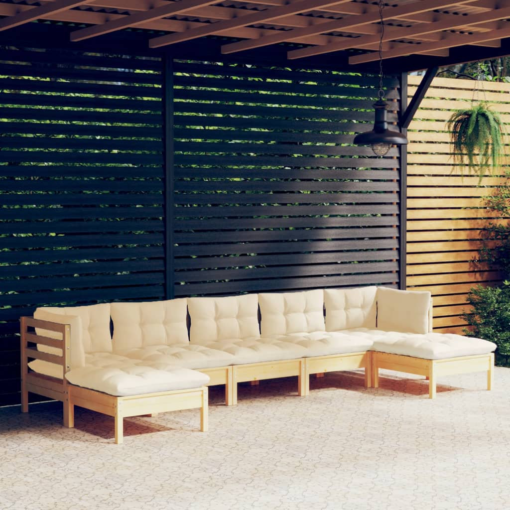 Salon de jardin 7 pcs avec coussins crème bois de pin