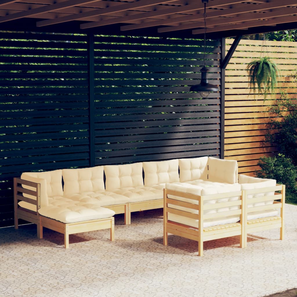 Salon de jardin 9 pcs avec coussins crème bois de pin massif