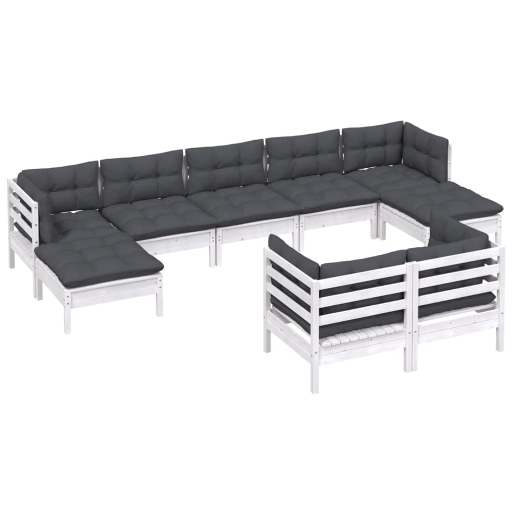 Salon de jardin 9 pcs avec coussins blanc bois de pin massif