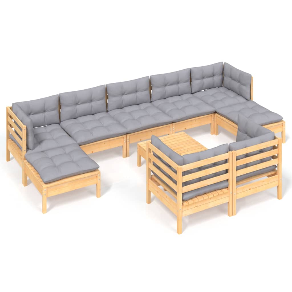 Salon de jardin 10 pcs avec coussins gris bois de pin massif