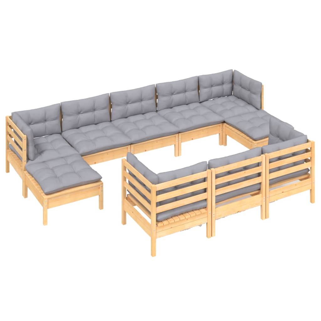 Salon de jardin 10 pcs avec coussins gris bois de pin massif