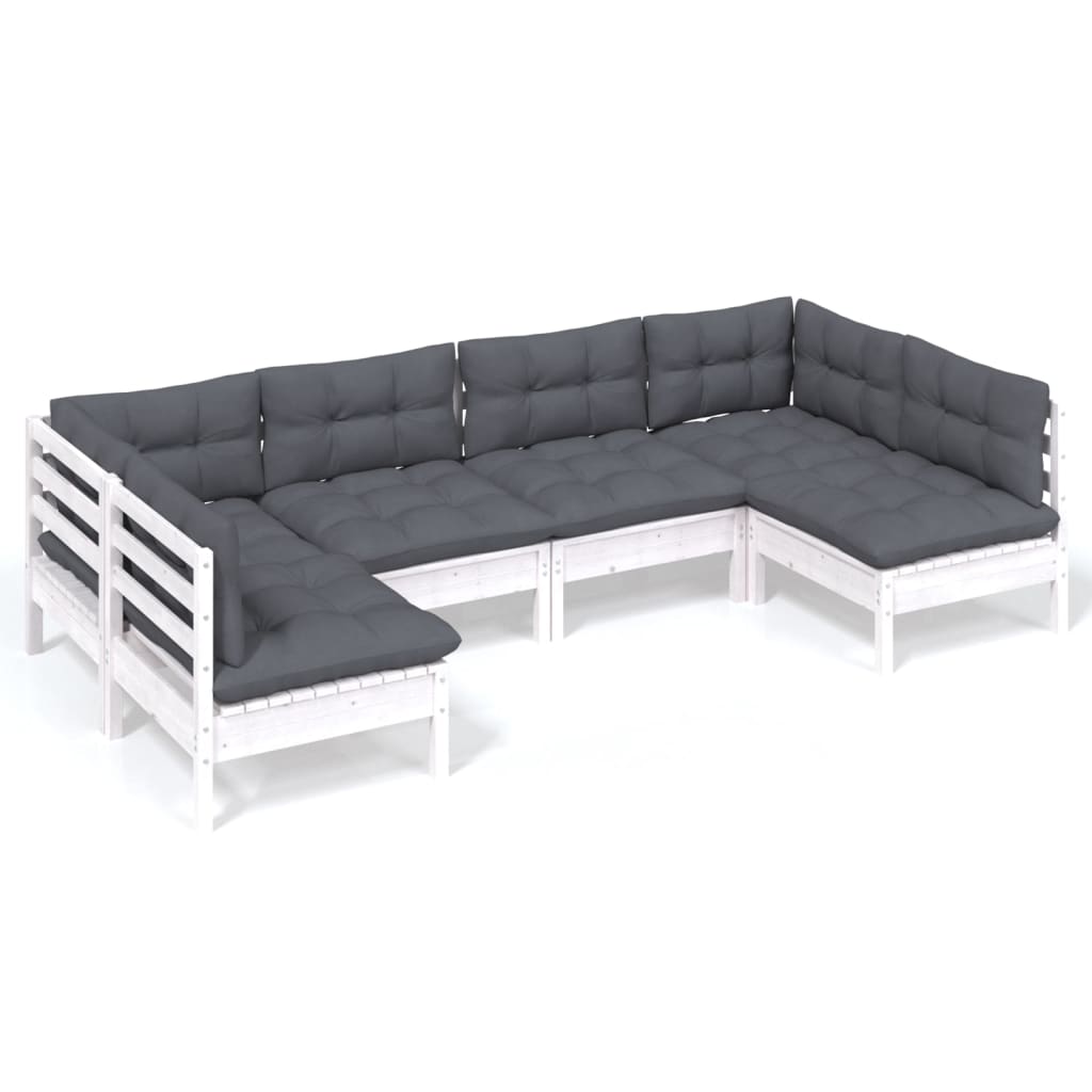 Salon de jardin 6 pcs avec coussins blanc bois de pin massif