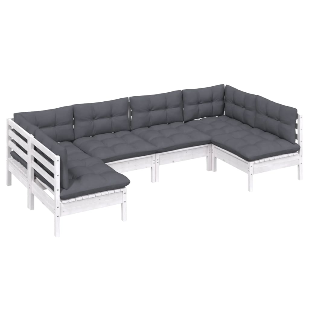 Salon de jardin 6 pcs avec coussins blanc bois de pin massif