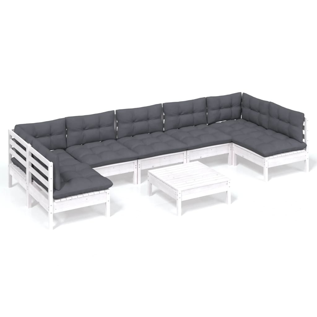 Salon de jardin 8 pcs avec coussins blanc bois de pin massif