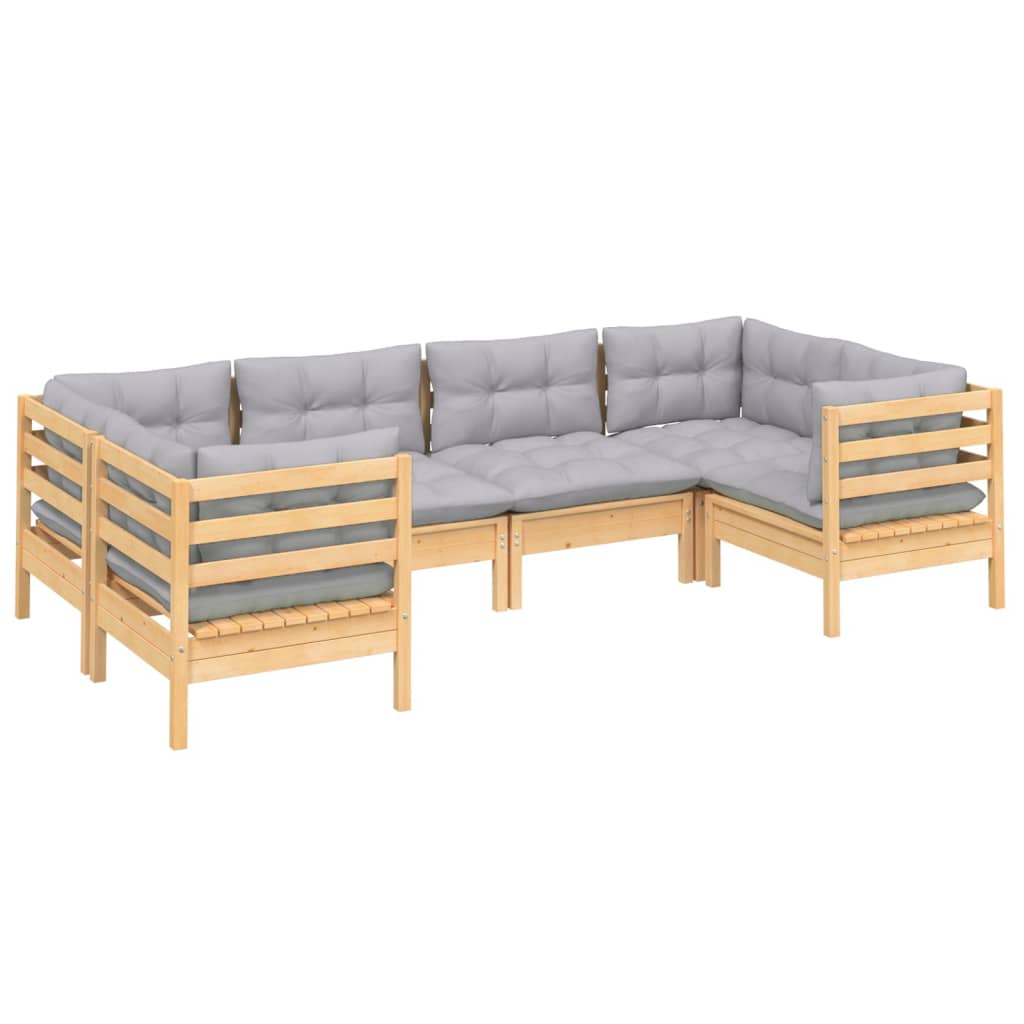 Salon de jardin 6 pcs avec coussins gris bois de pin