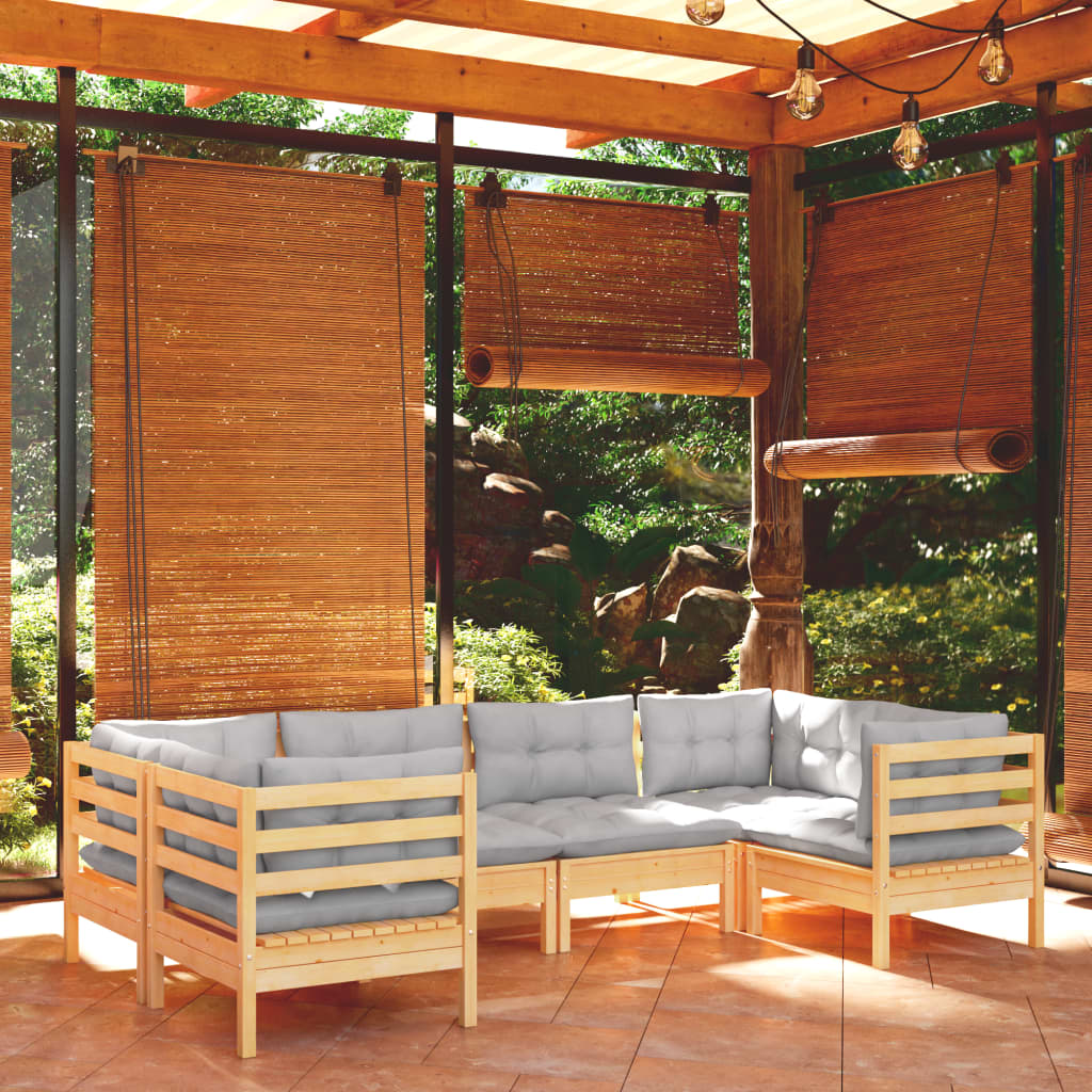 Salon de jardin 6 pcs avec coussins gris bois de pin