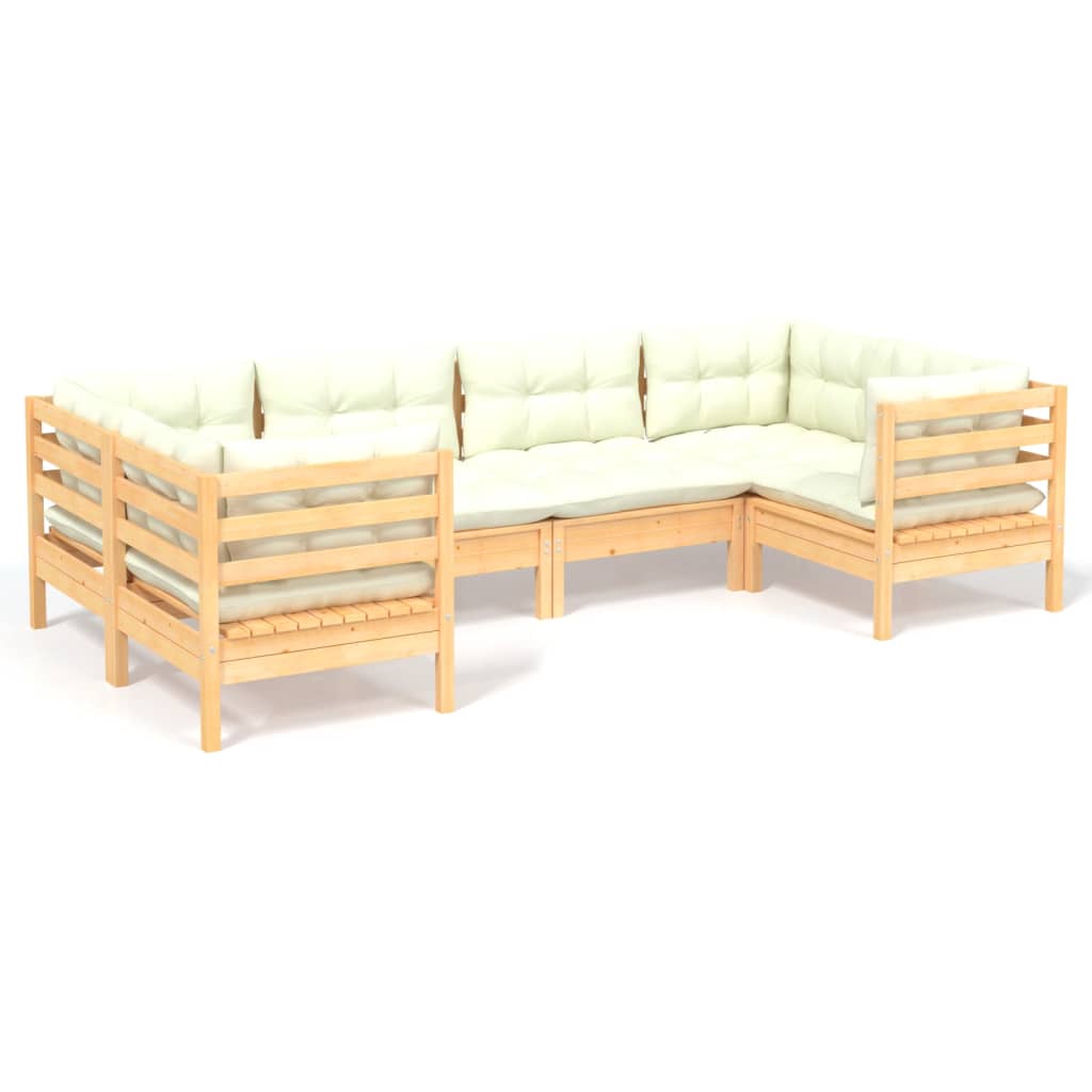 Salon de jardin 6 pcs avec coussins crème bois de pin