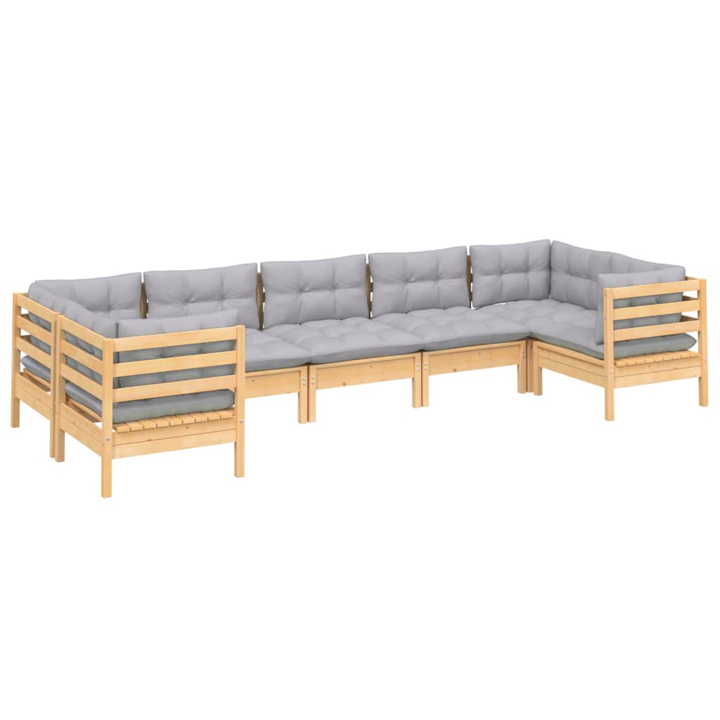 Salon de jardin 7 pcs avec coussins gris bois de pin
