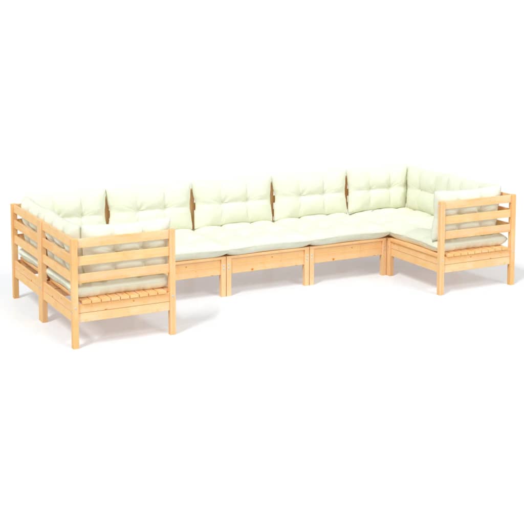 Salon de jardin 7 pcs avec coussins crème bois de pin
