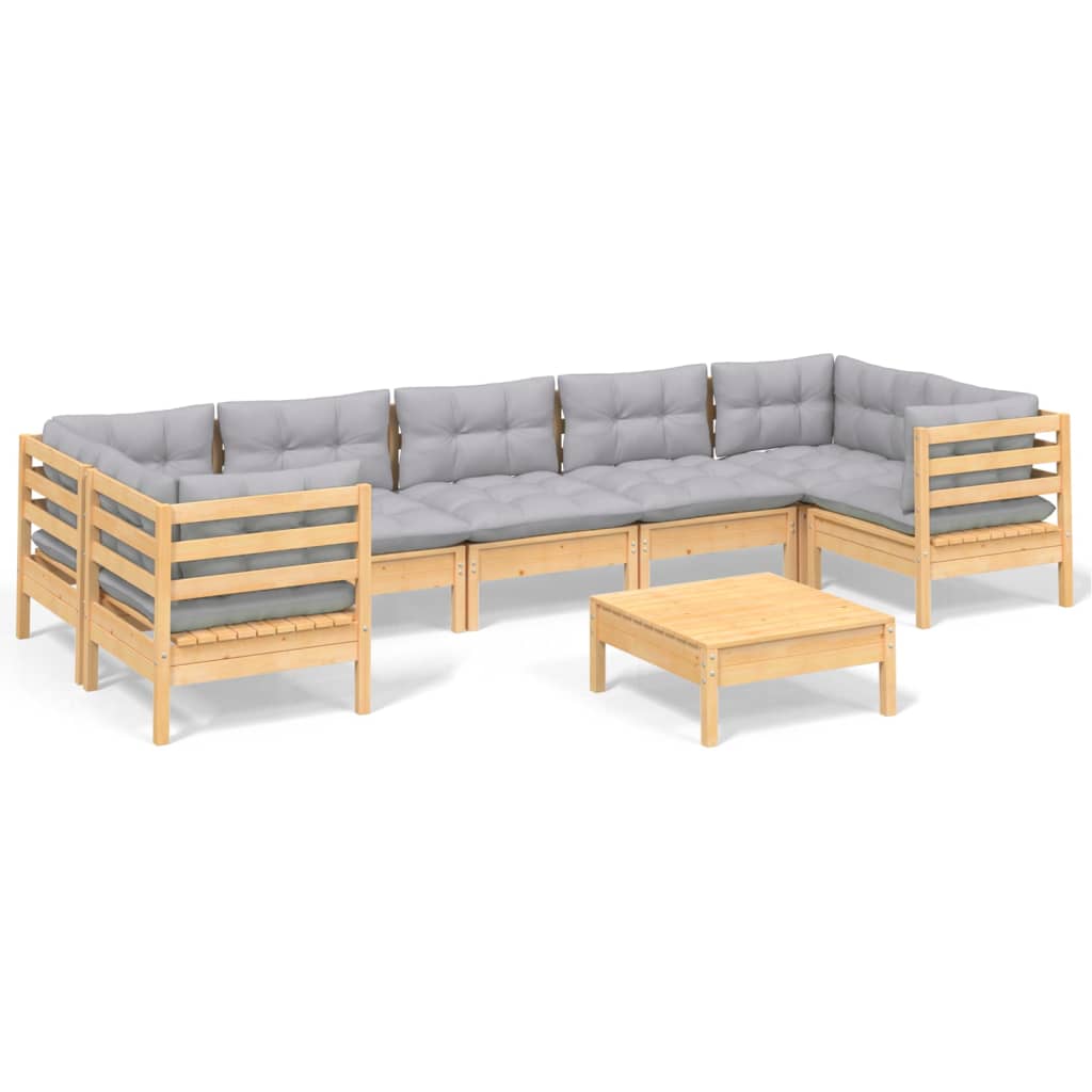 Salon de jardin 8 pcs avec coussins gris Bois de pin