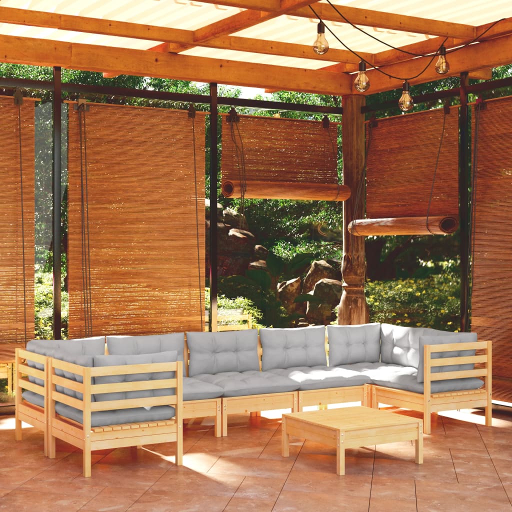 Salon de jardin 8 pcs avec coussins gris Bois de pin