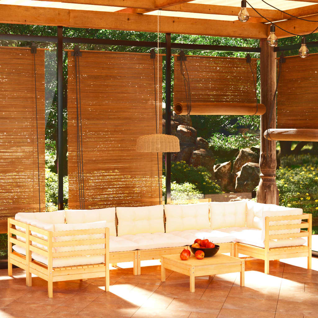 Salon de jardin 8 pcs avec coussins crème Bois de pin